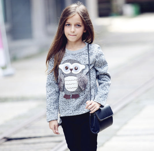 Cartoon Owl Top for Autumn Winter Fleece Lined Girls' Sweater