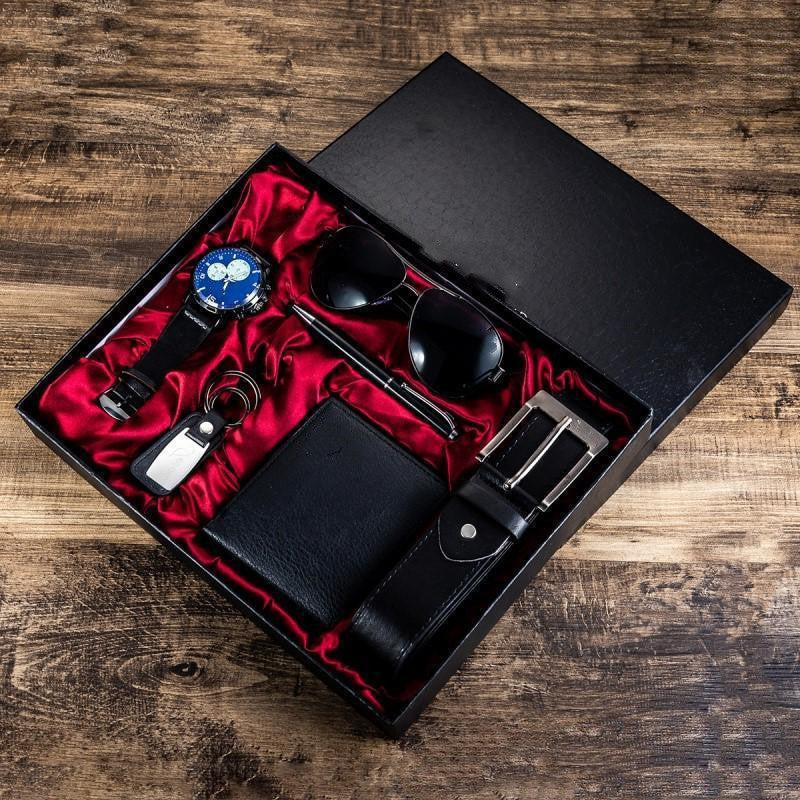 Dad's Luxury Gift Box Sunglasses Belt Watch Wallet 6pc Set, Gift For Dad