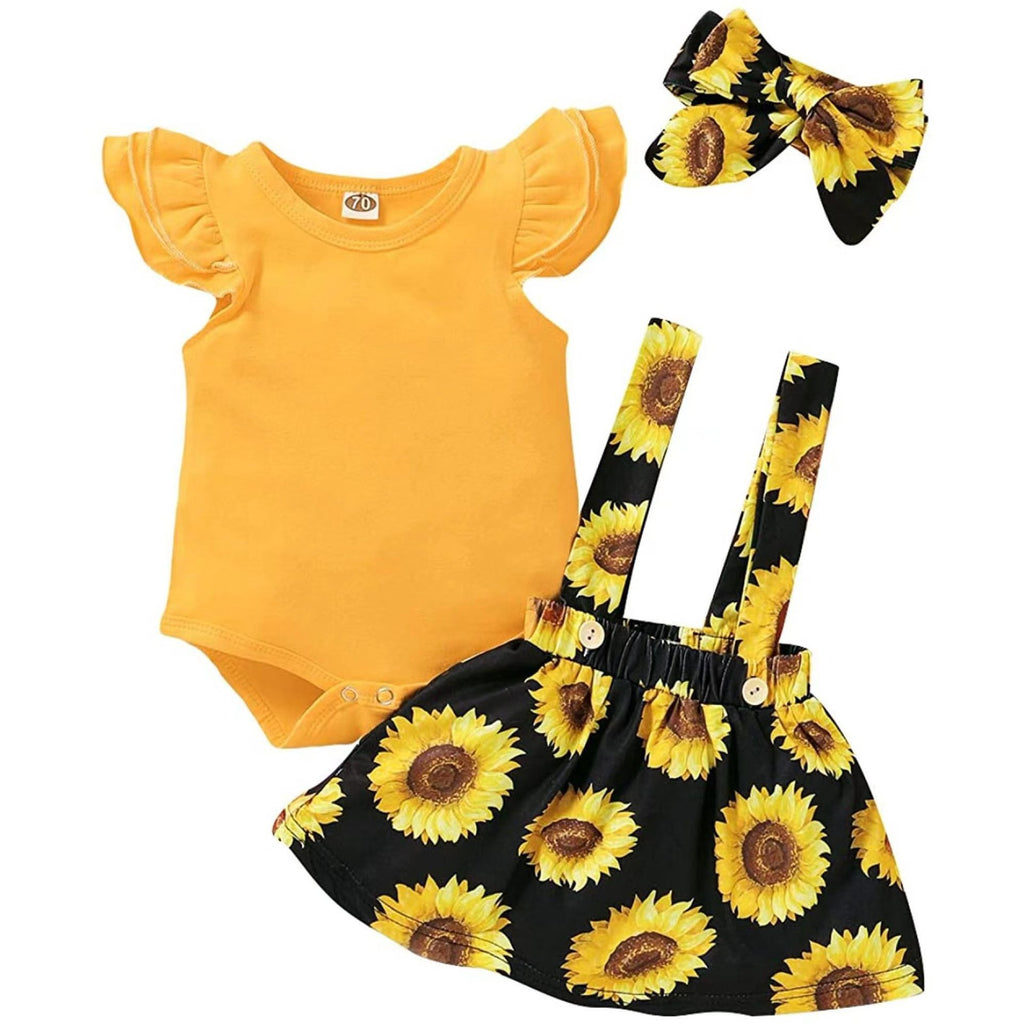 Baby Girls' Sunflower Printing Suit Romper Three-piece Set