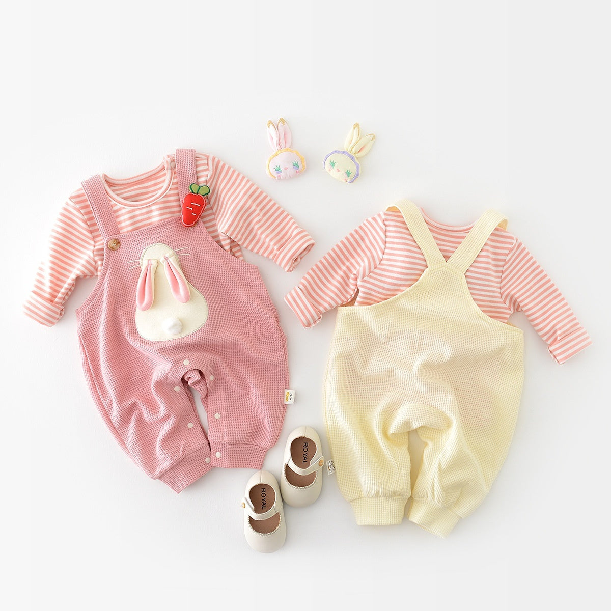 Infant Fashionable Cartoon Bunny Suspender Pants Baby Striped T-shirt Two-piece Set