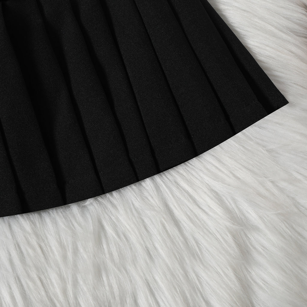 Girls' Fashionable V-neck Solid Color Single-breasted Vest Top Pleated Skirt Belt 3pc Set