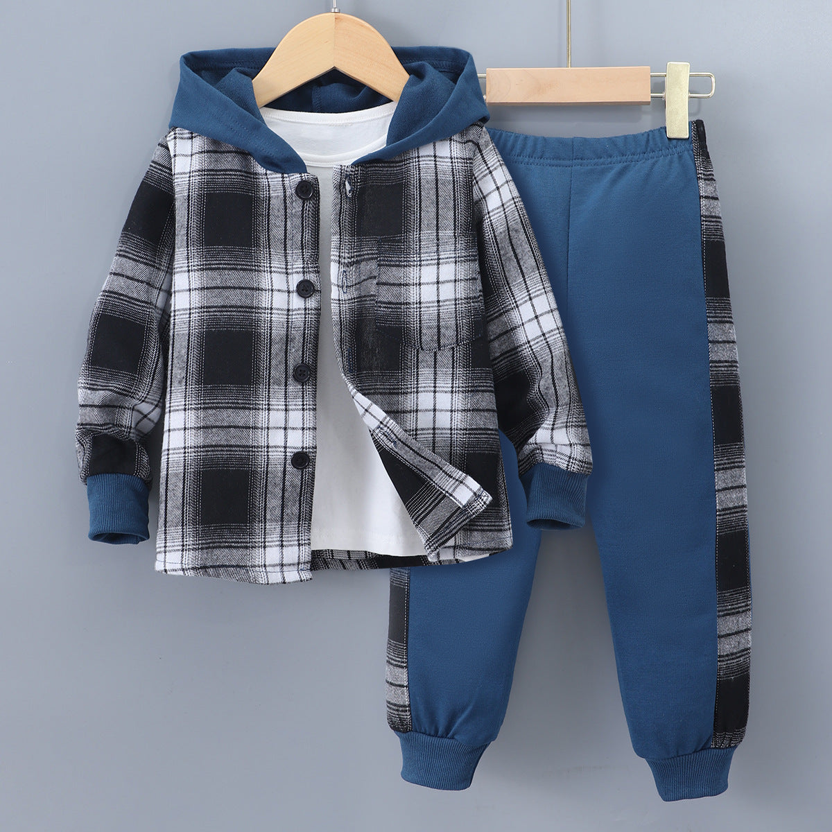 Boys' Long Sleeve Plaid Contrast Color Hoodie Two-piece Set