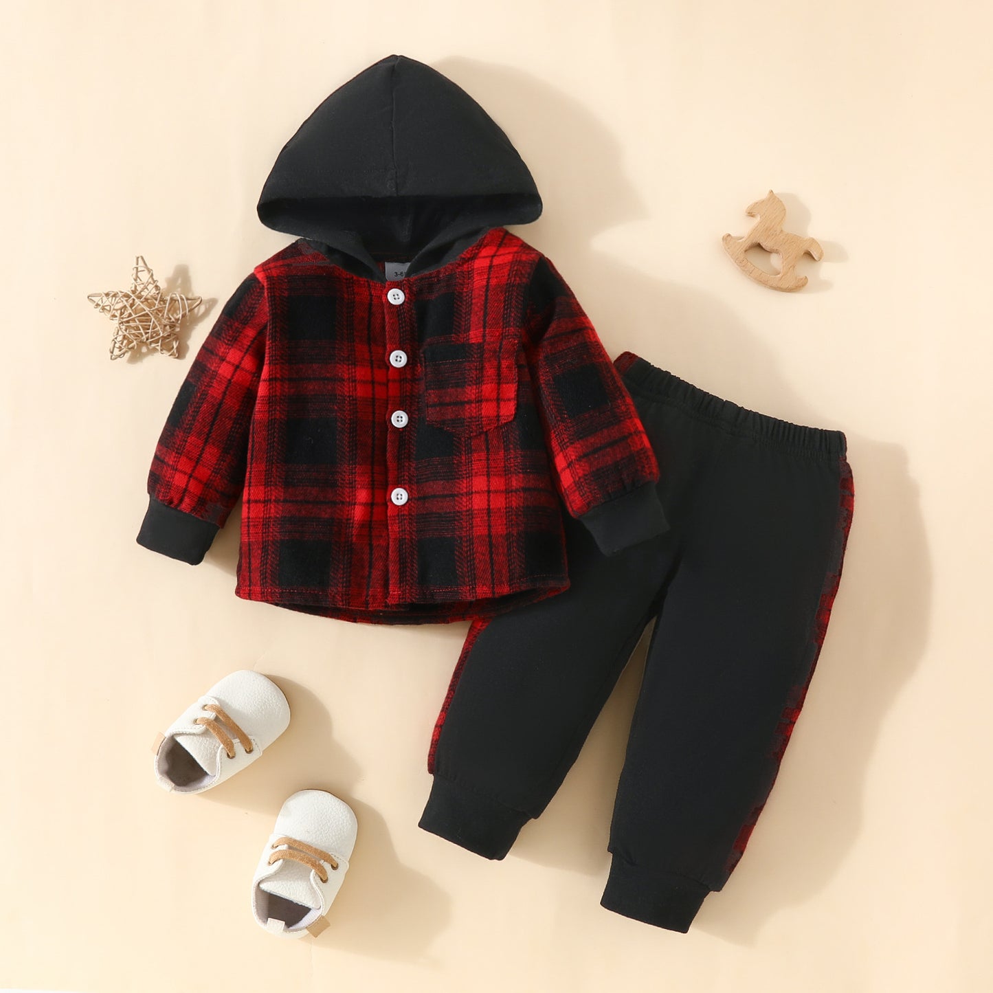 Toddler Baby Boy Classic Plaid Hooded Long Sleeve Shirt Contrast Color Trousers Suit