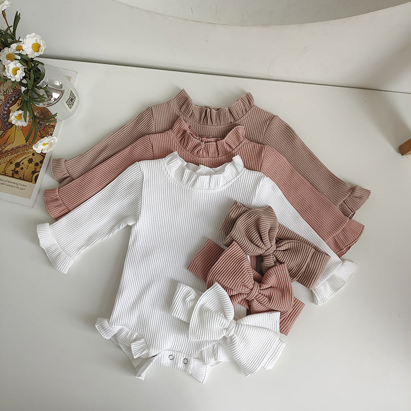 New Baby Girls' Autumn Sunken Stripe Long Sleeve Onesie & Hairband 2pc Set