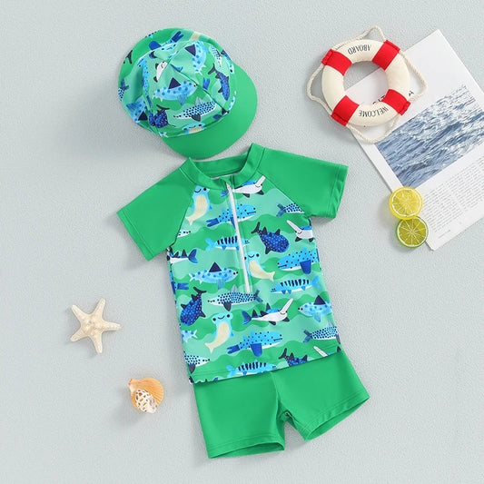 Boys' Split 3pc Swimsuit Hat Set