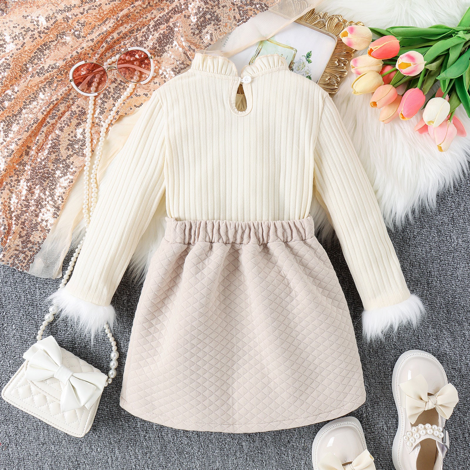 Girls' Knitted Sweater And Skirt Two-piece Set