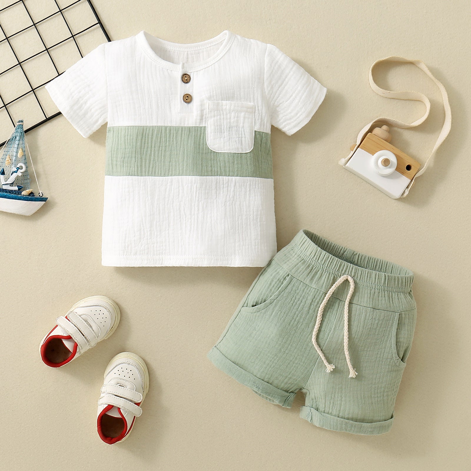 Baby Boy Colour Block Patchwork Top Shorts 2pc Set