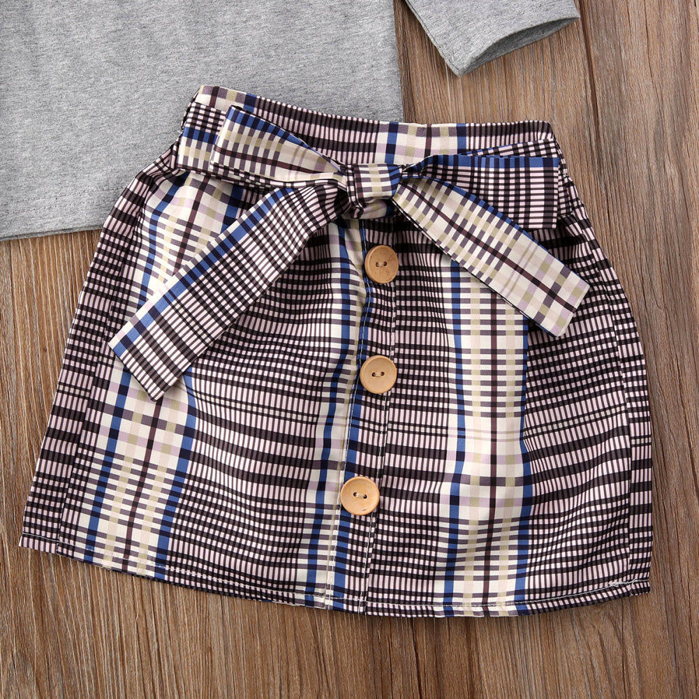 Girl's Grey Plaid Skirt 2pc Set
