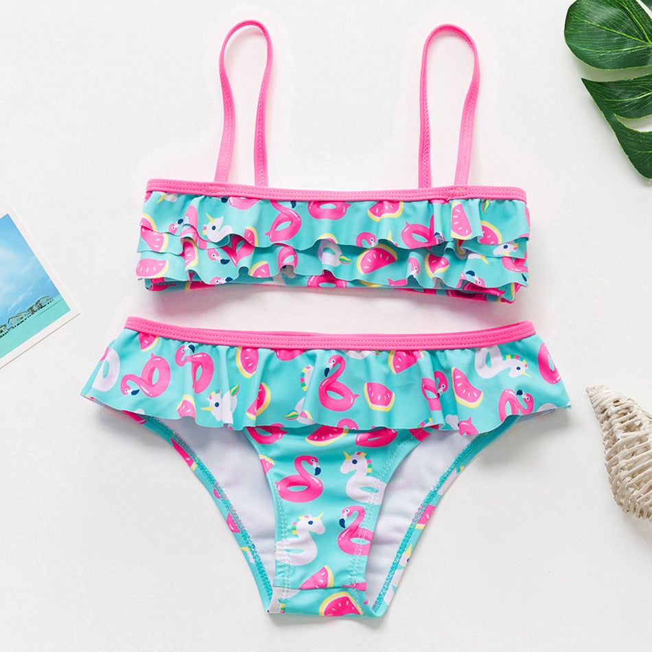 Fashion Flamingo Split Ruffled Girls' Bikini Swimsuit