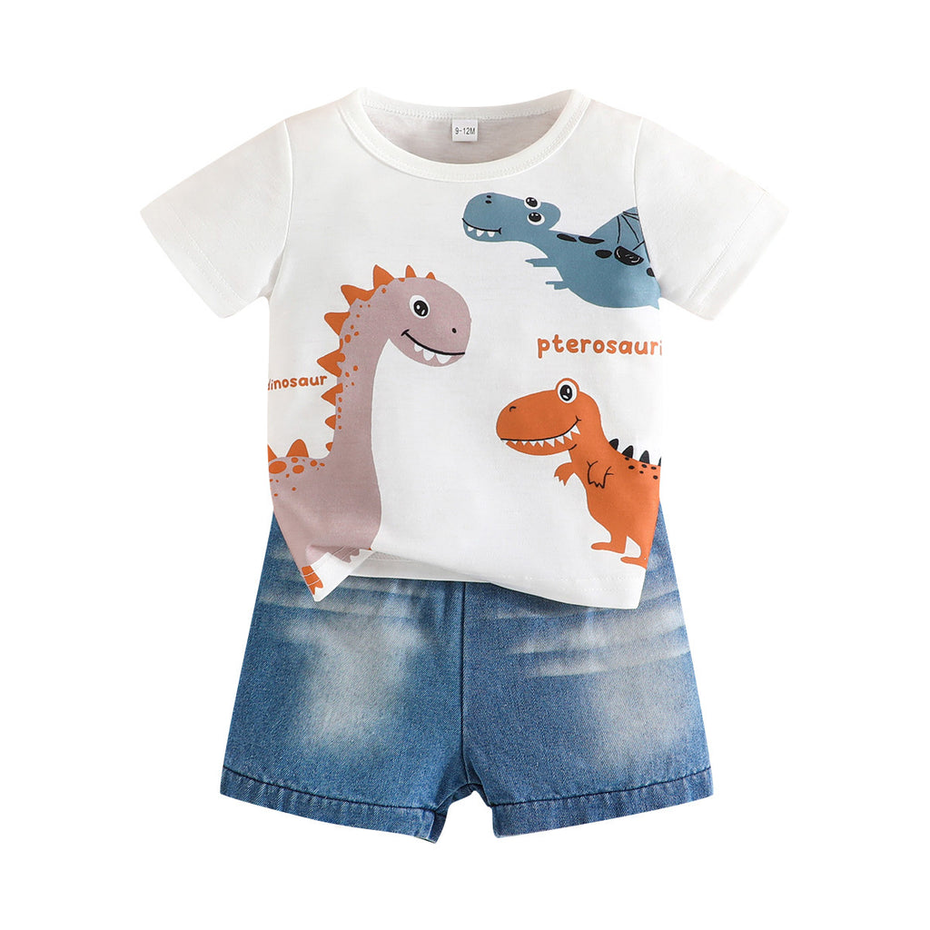Summer Boy Dinosaur Printed T-shirt Denim Shorts 2pc Set