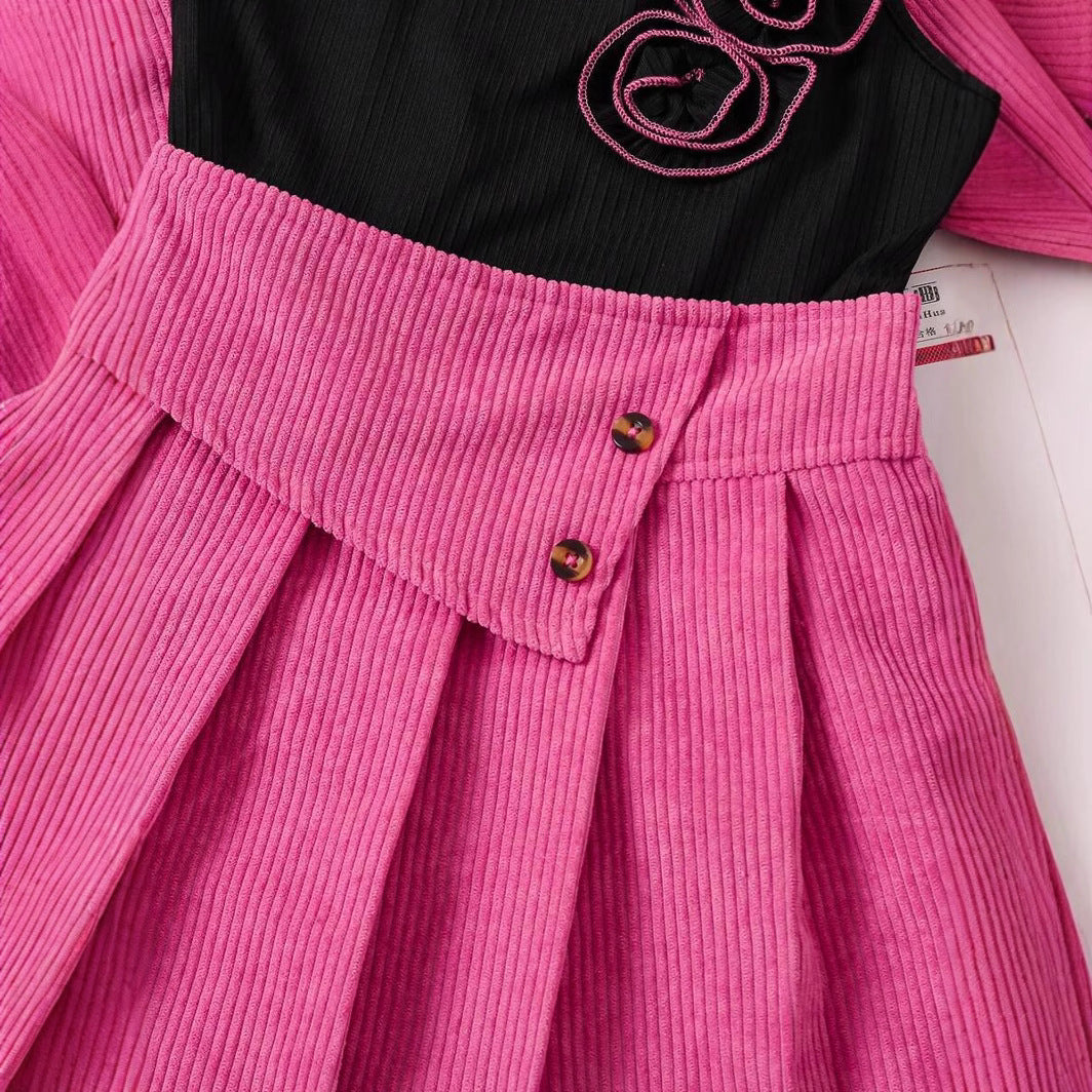 Girls' Spring Autumn Corduroy Short Skirt Sling Three-piece Set