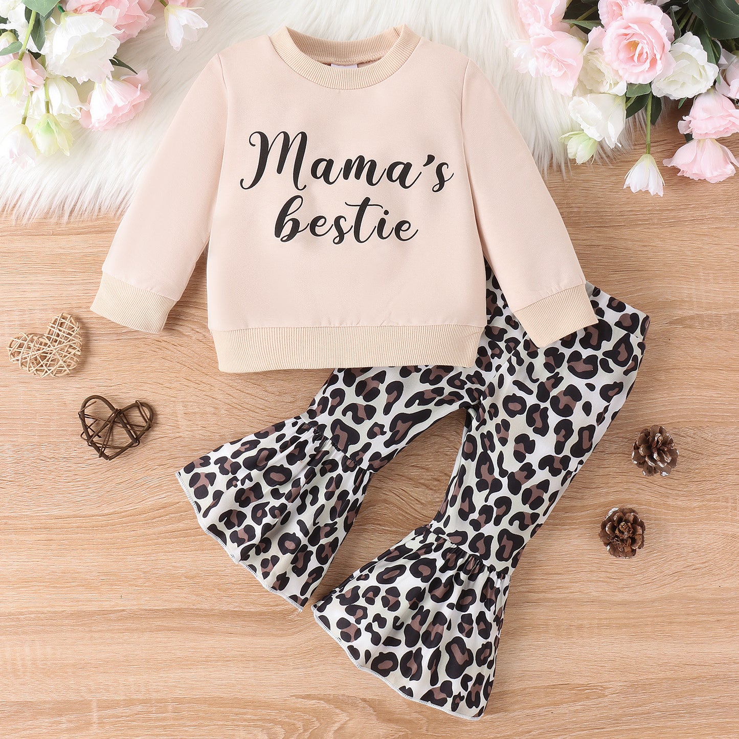 Baby/Toddler Girls' Sweater Top Leopard Print Bell-bottom Pants 2pc Set