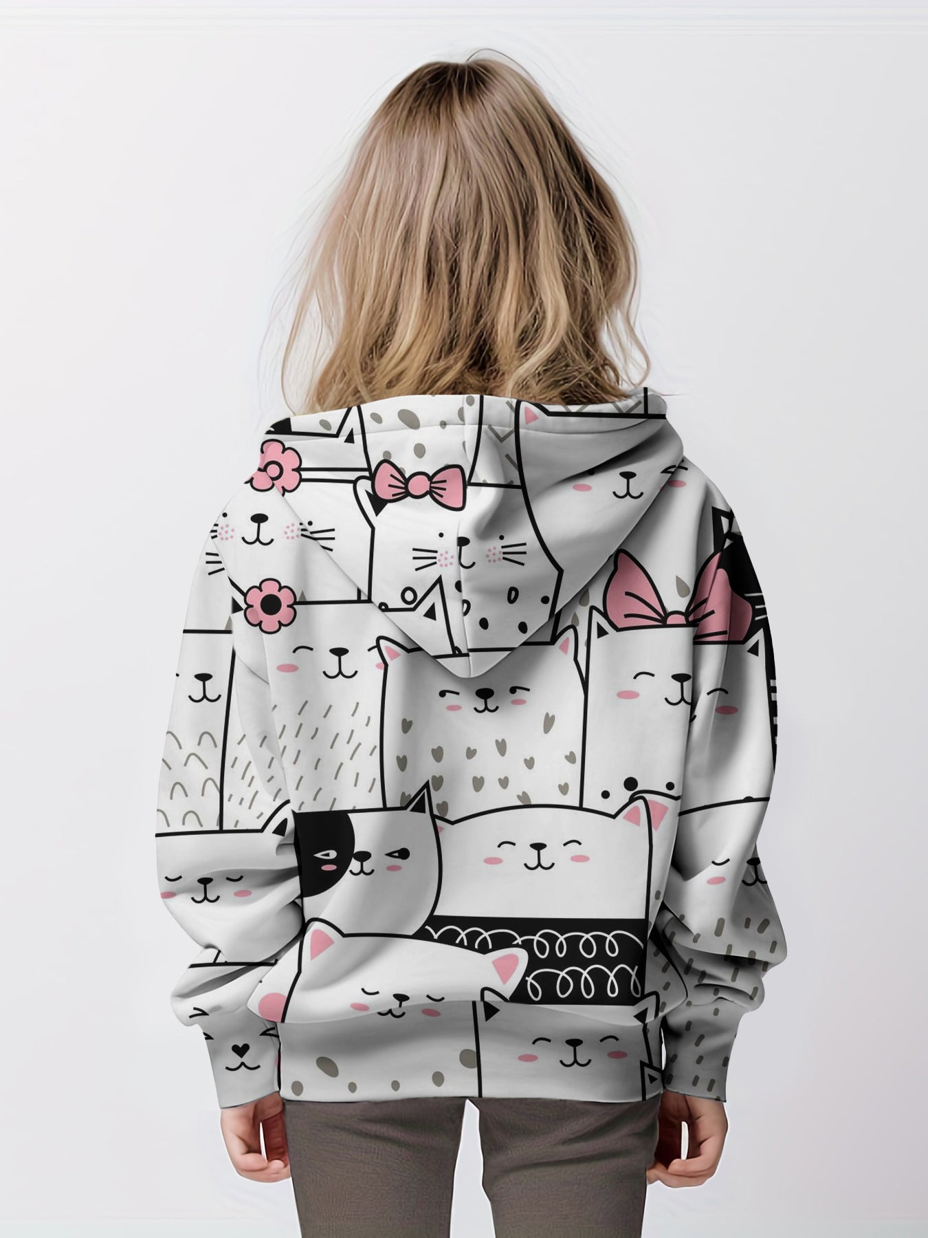 Girls' Cartoon Cat Hoodie Long-sleeved Sweater