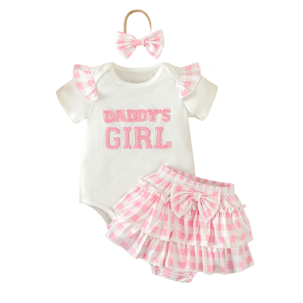 Girls Summer Letter T-shirt Plaid Short Skirt 3pc Set