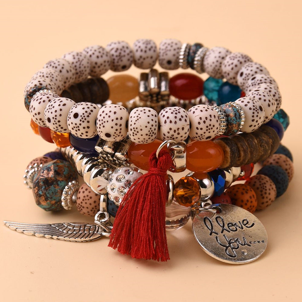 Multilayer Color-Block Turquoise Bracelet With Leaf Alloy Tassel 4-Piece Set