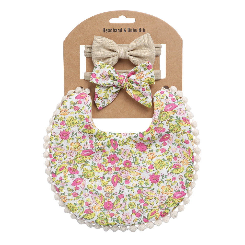 Newborn Baby Cute Floral Cotton Saliva Bib With Headband Set