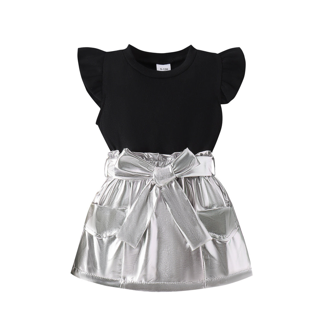 Girls' Summer Black Top Silver Skirt With Belt 2pc Set
