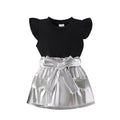 Girls' Summer Black Top Silver Skirt With Belt 2pc Set