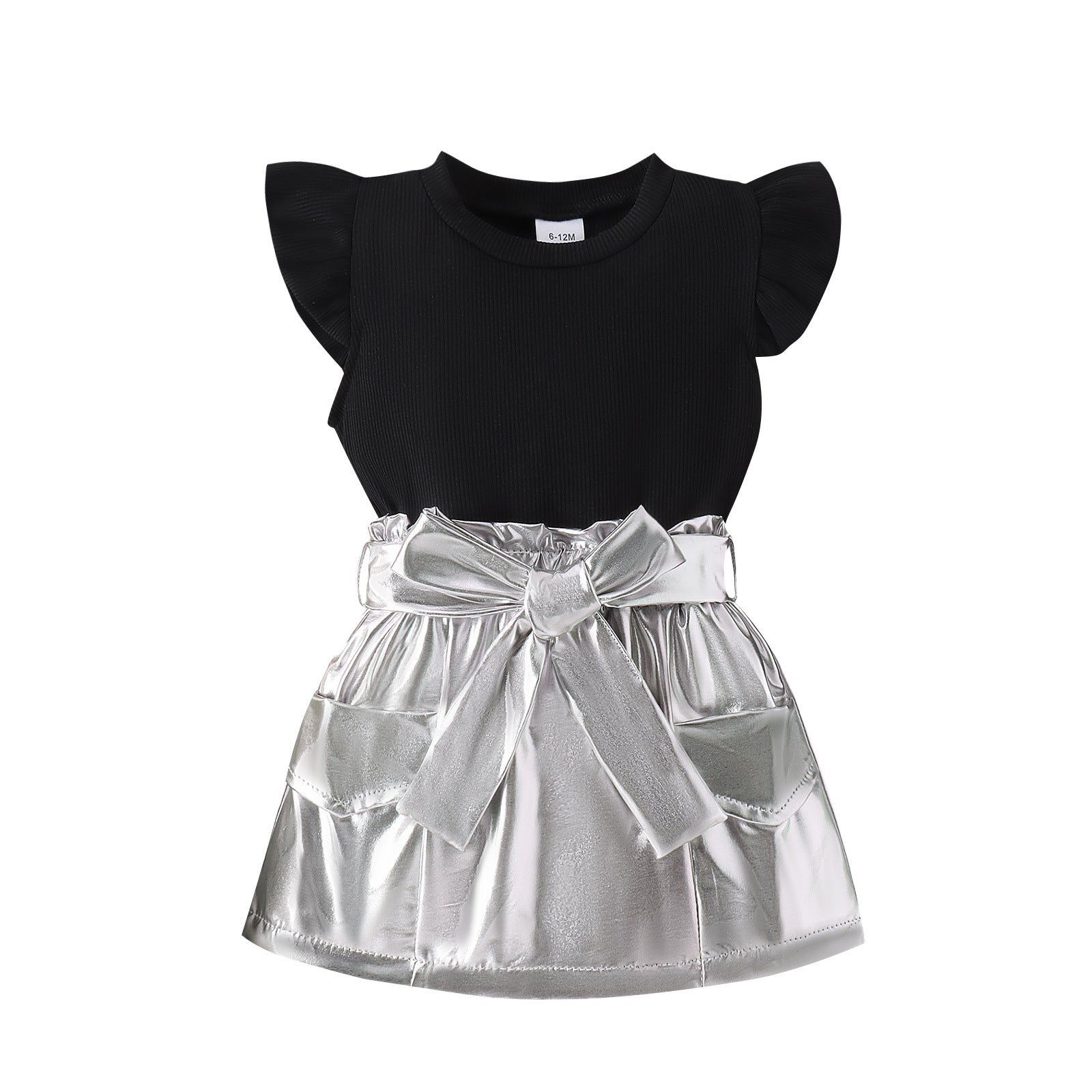 Girls' Summer Black Top Silver Skirt With Belt 2pc Set