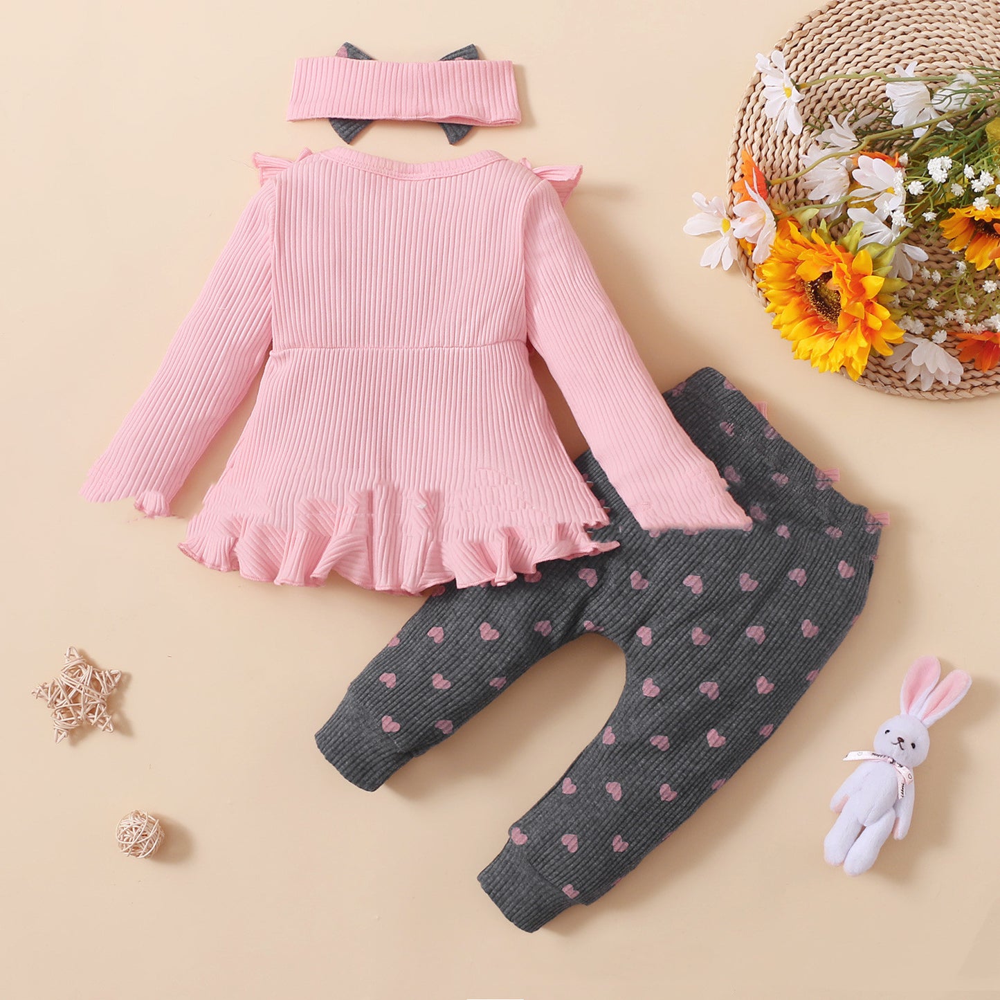 Baby/Toddler Sunken Stripe Top And Printed Peach Heart Leggings 3pc Set