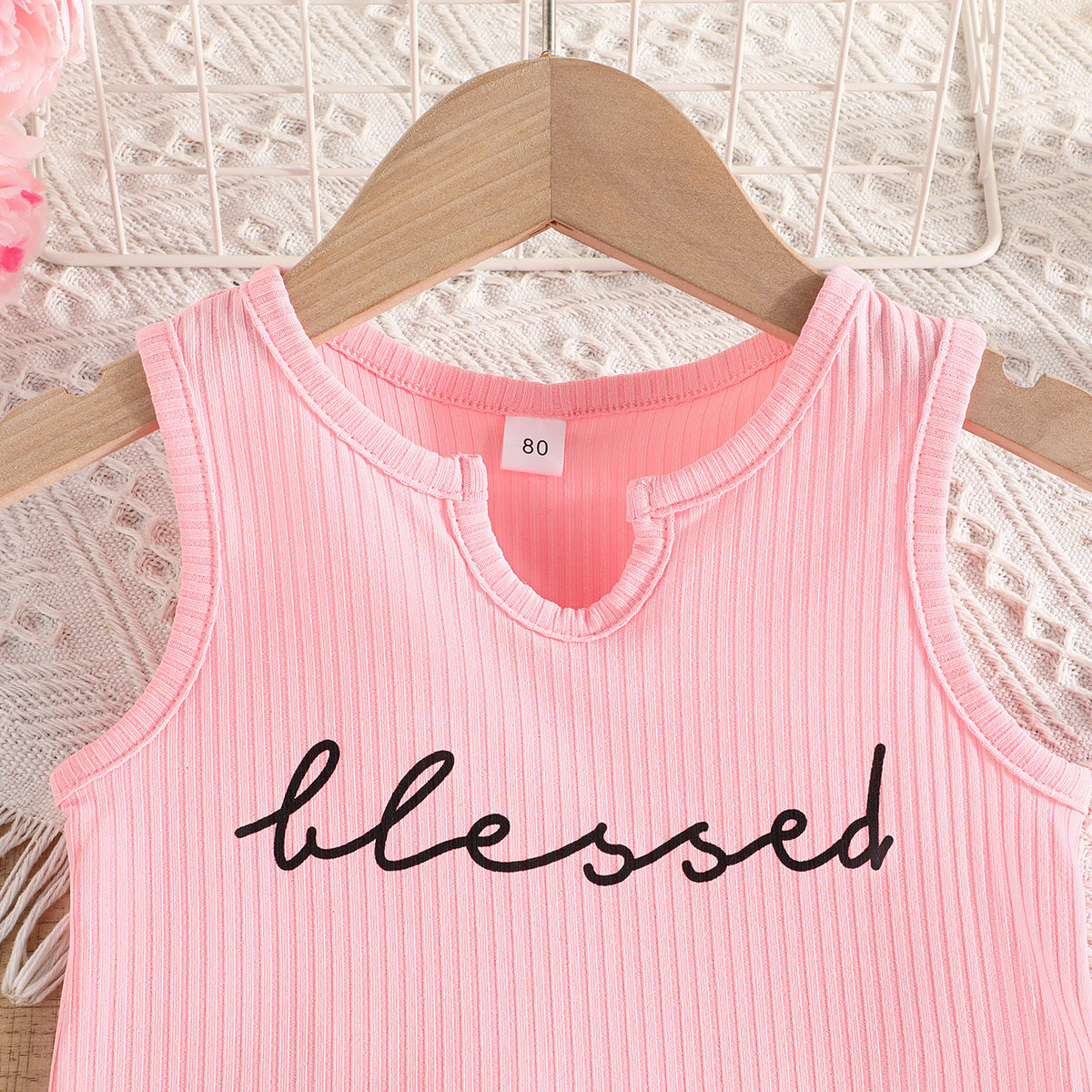 Girls' Letter Print Solid Color Sleeveless Top Camouflage Trousers 2pc Set