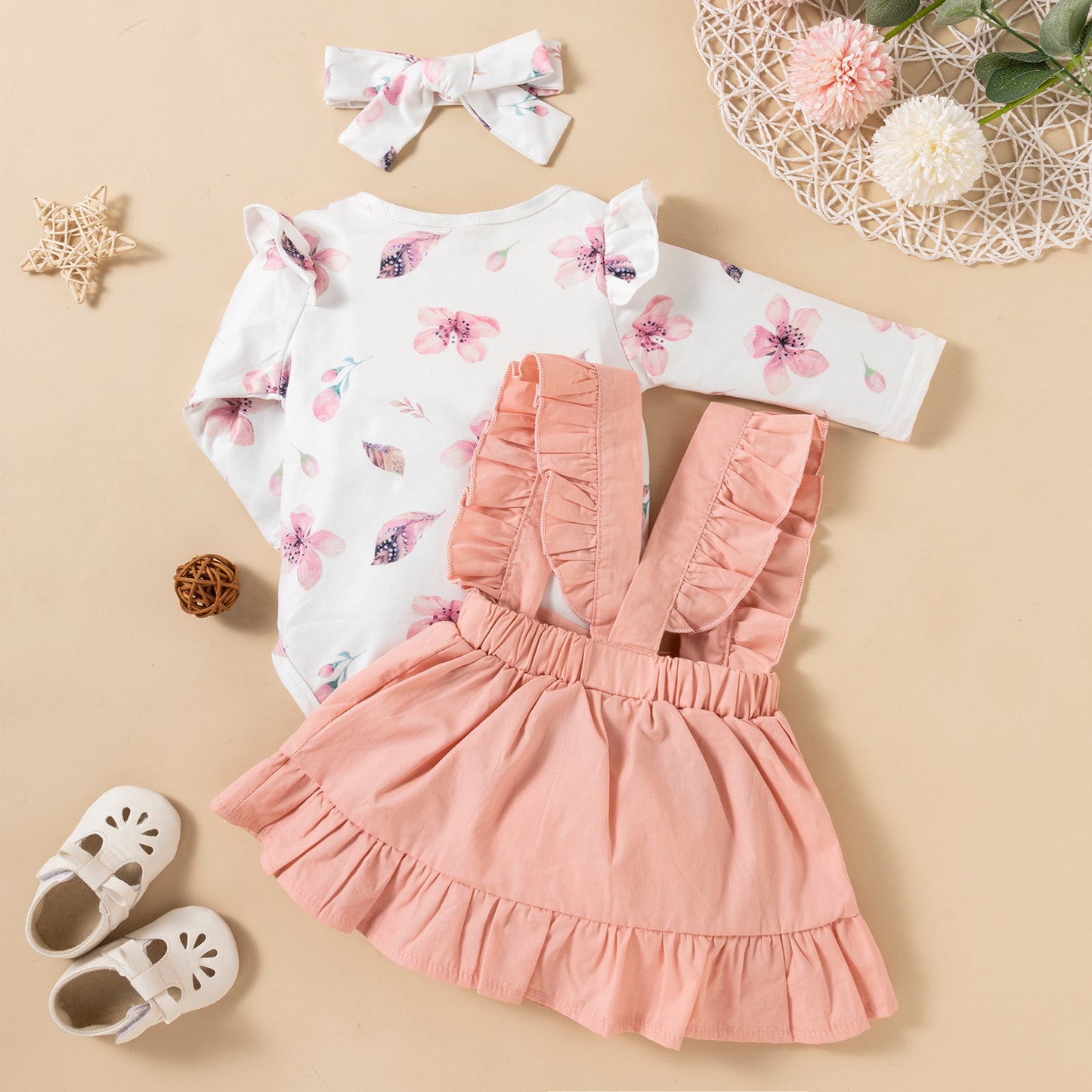 Printed Long-sleeved Baby Girl Ruffled Dress 3pc Set