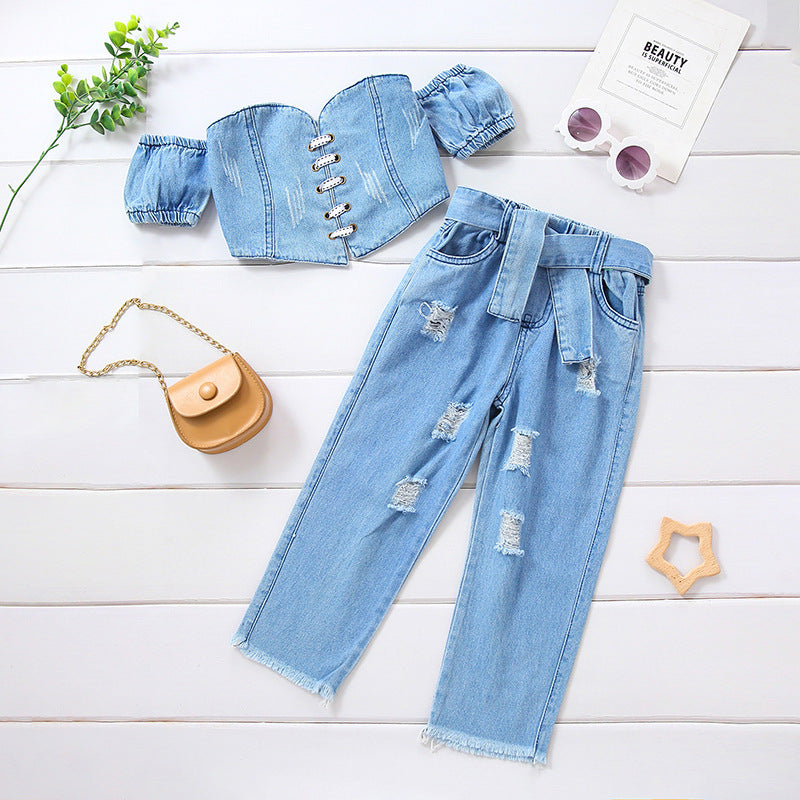 Girls' Off-shoulder Short Sleeve Lace-up Tube Top, Denim Ripped Trousers Suit