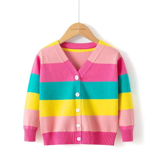 Girls' Cotton Sweater, Rainbow Striped Cardigan