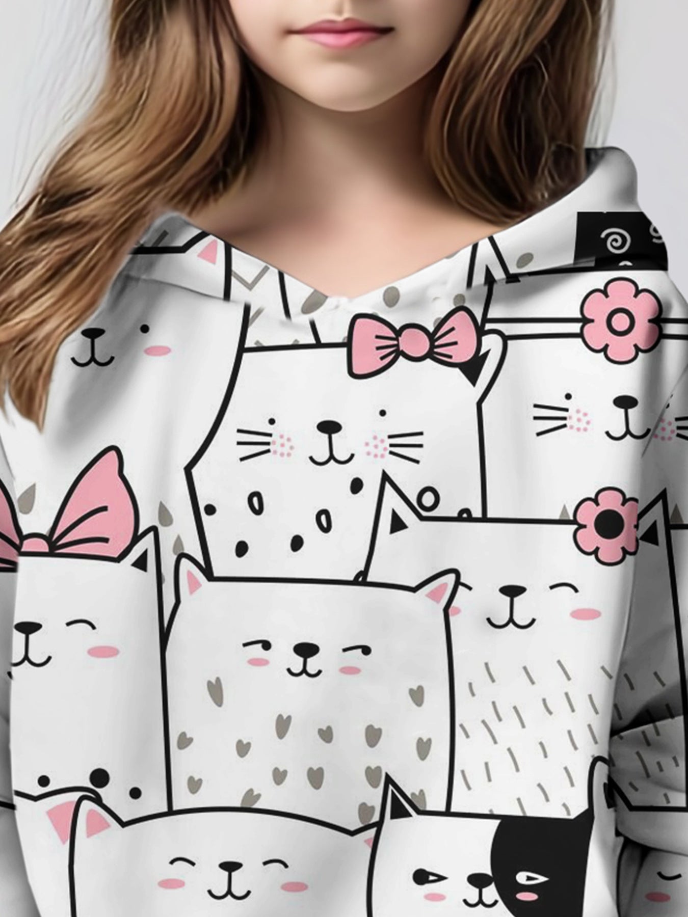Girls' Cartoon Cat Hoodie Long-sleeved Sweater