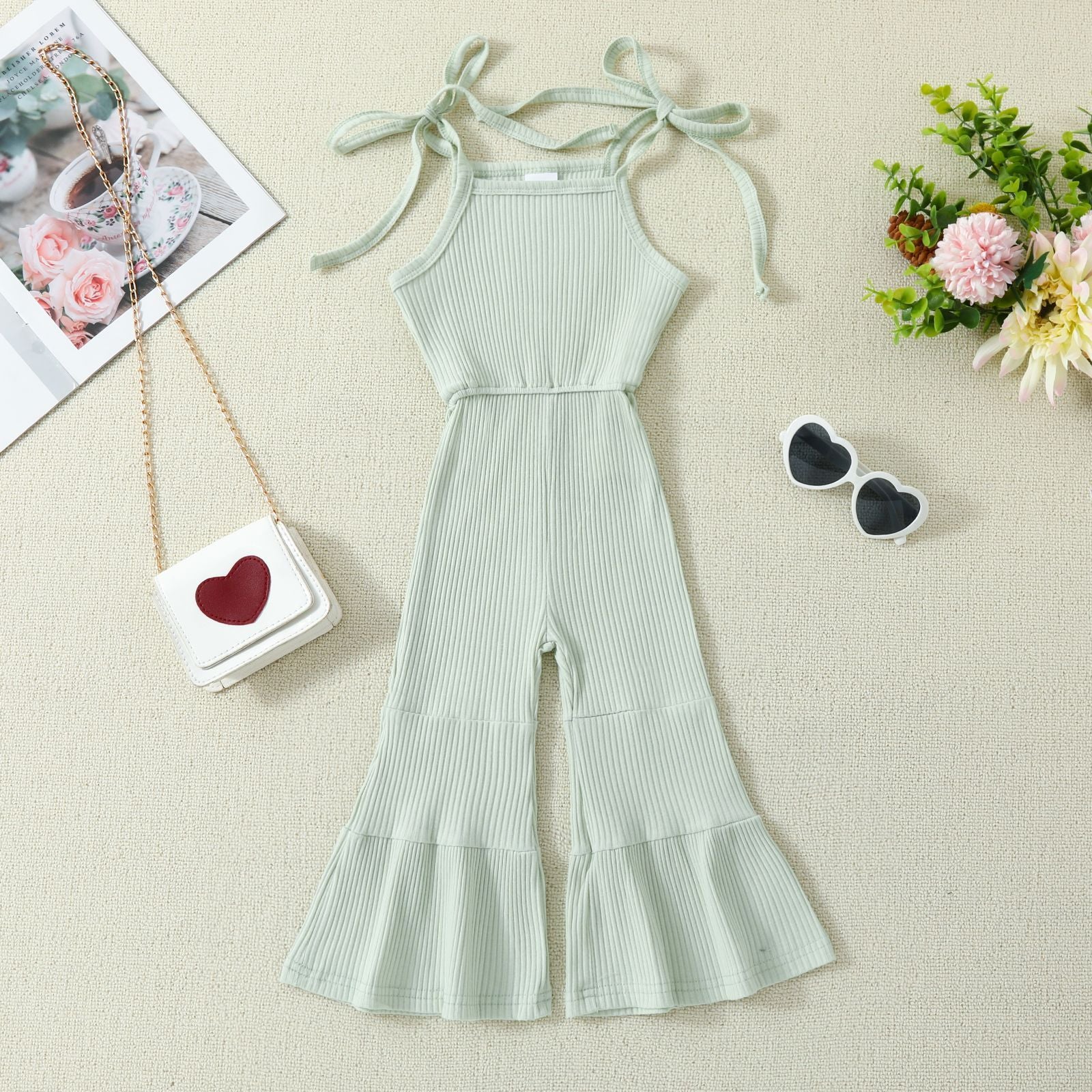 Solid Color Bell-bottom Pants Jumpsuit With Straps