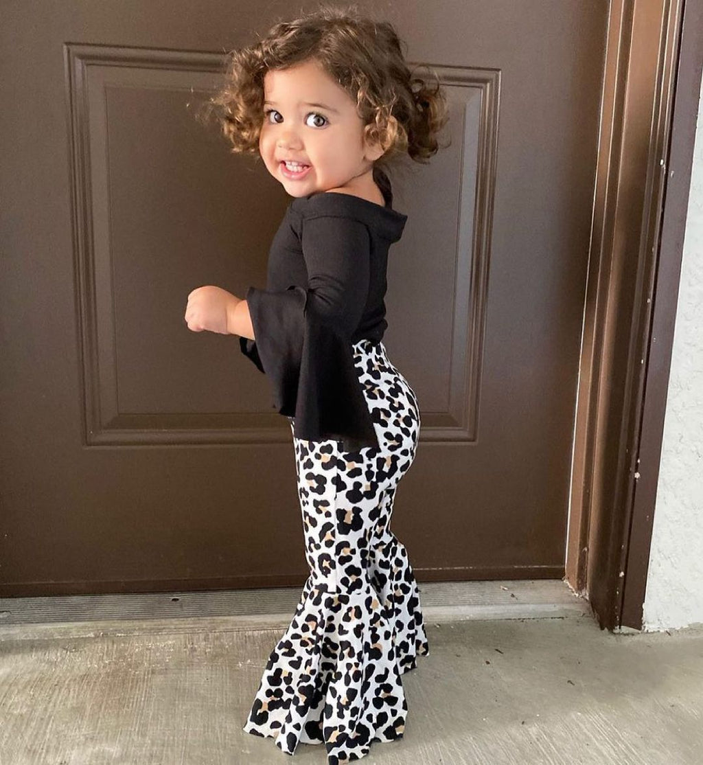 Girls' Leopard Flared Pants Casual Suit