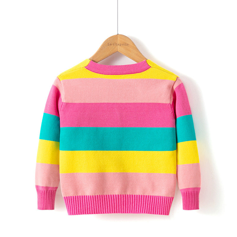 Girls' Cotton Sweater, Rainbow Striped Cardigan