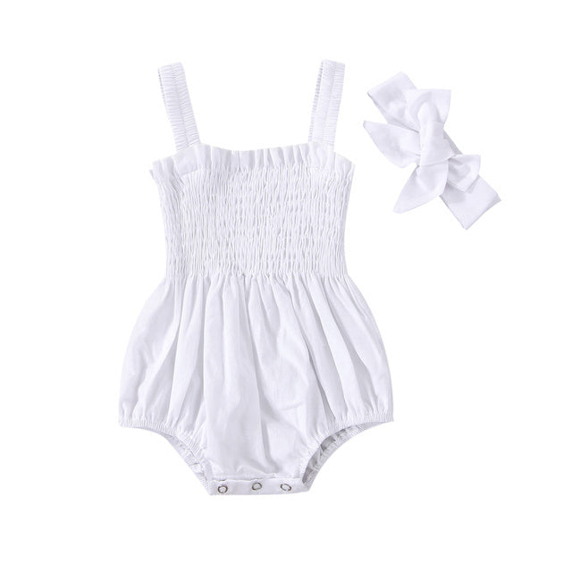 Baby Girl Summer Onesie & Bow Set Jumpsuit Outfit Solid Color