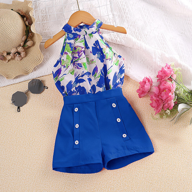Girl's Summer Printed Halter Top & Shorts Set