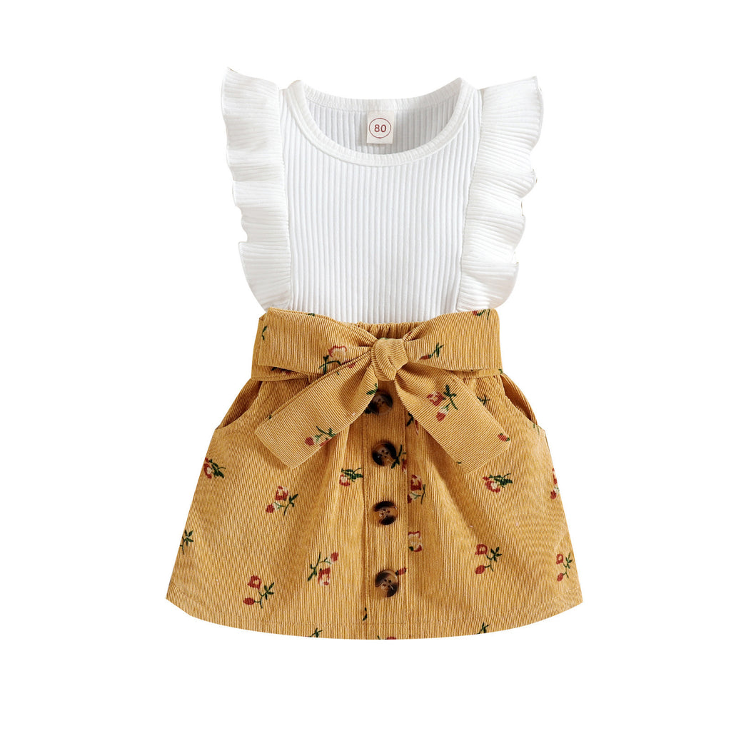 Pit Stripe Flare Sleeveless Floral Corduroy Skirt 2pc Set