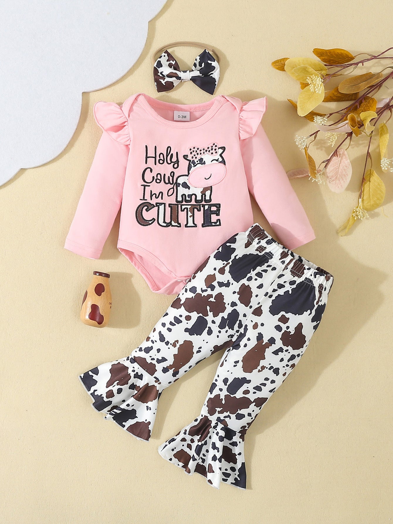 Baby Girl Cartoon Animal Flower Bell-bottom Pants Long Sleeve Headdress Three-piece Set