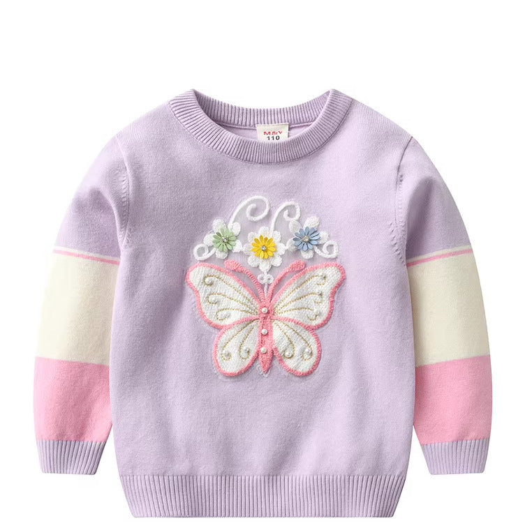 Girl's Butterfly Sweater, Children's Cotton Base Sweatshirt