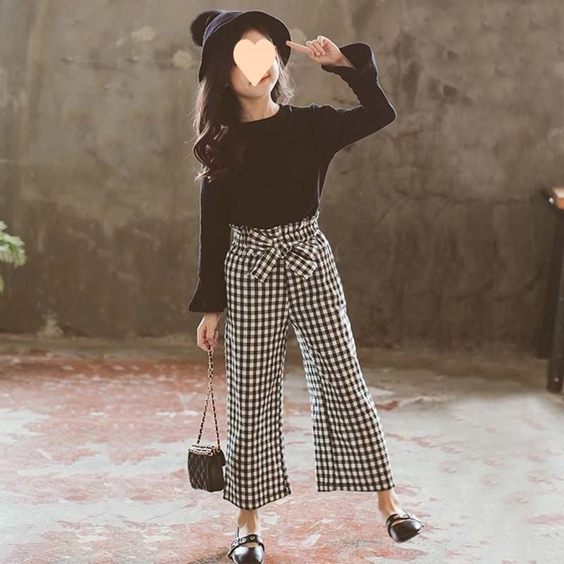 Girls' Black Top With Plaid Pants 2pc Set
