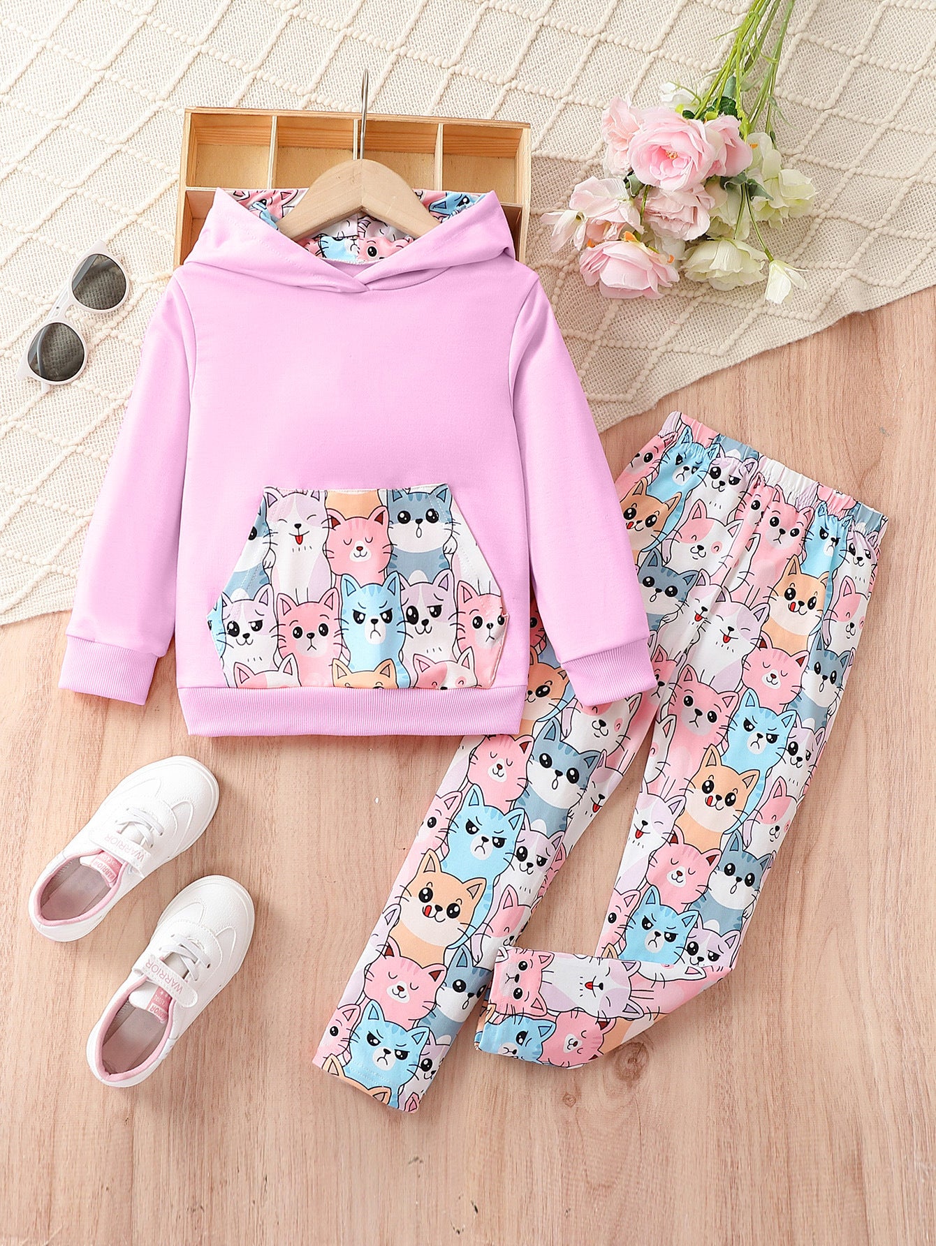 Girls' Cartoon Cat Long Sleeve Trousers Suit