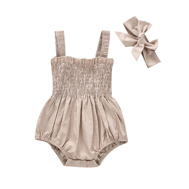 Baby Girl Summer Onesie & Bow Set Jumpsuit Outfit Solid Color