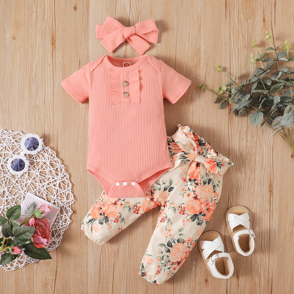 Baby Sunken Stripe Short Sleeve Onesie With Printed Pants & Headband 3pc Set