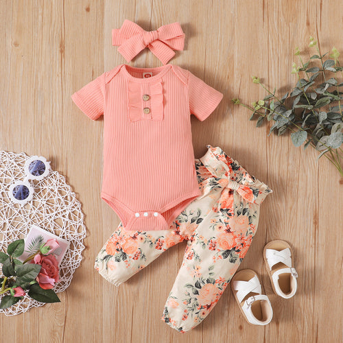 Baby Sunken Stripe Short Sleeve Onesie With Printed Pants & Headband 3pc Set