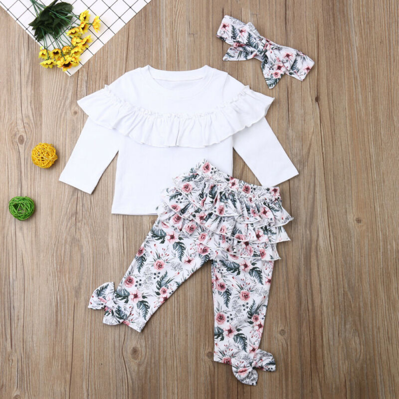 Girls' Lace Blouse With Multi-layer Printing Trousers And Flower Headband 3pc Set