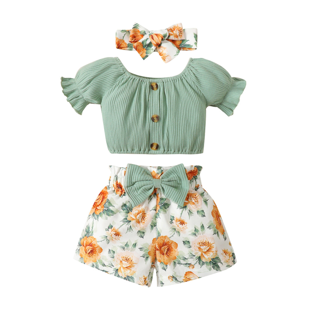 Baby Printed Shorts Suit, Short Sleeve T-shirt 3pc Set