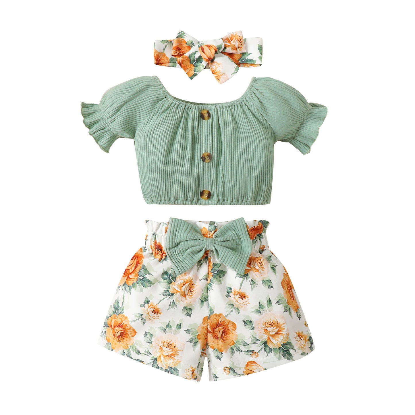 Baby Printed Shorts Suit, Short Sleeve T-shirt 3pc Set