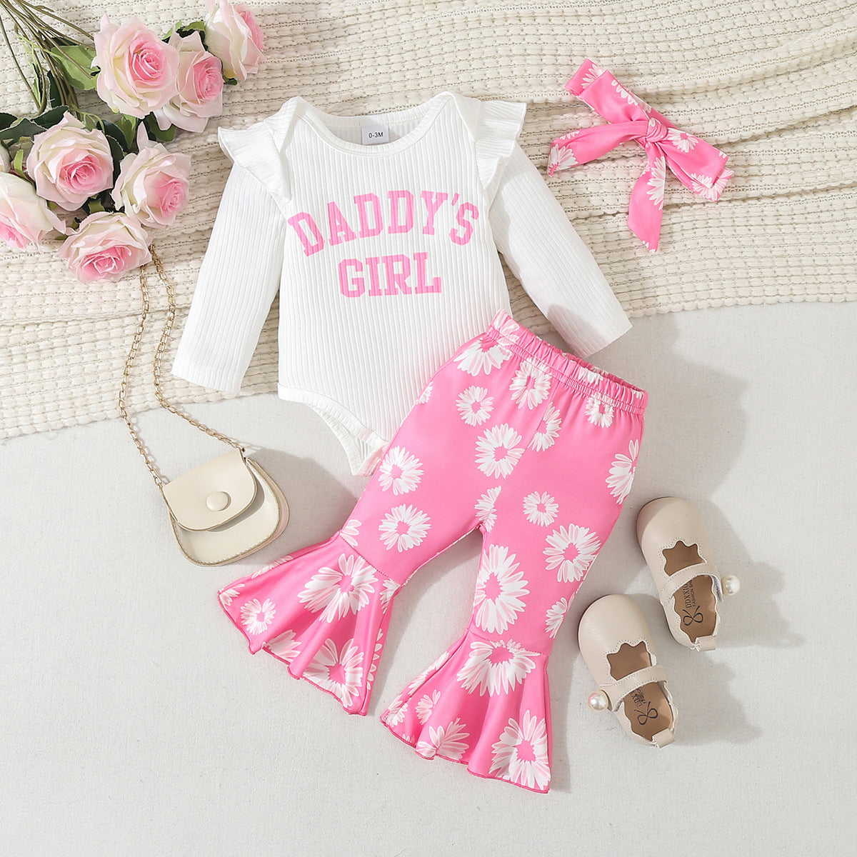 Baby Girl Cartoon Animal Flower Bell-bottom Pants Long Sleeve Headdress Three-piece Set