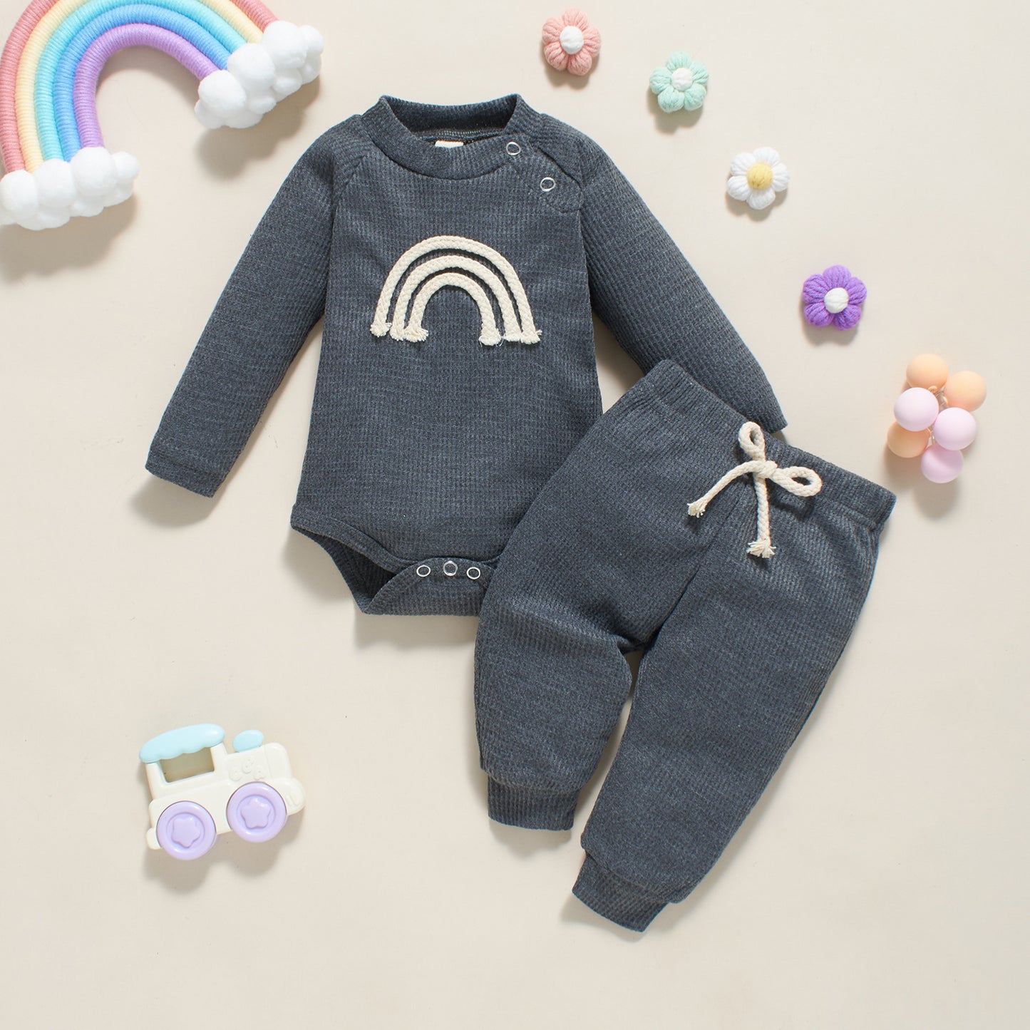 Autumn And Winter Infant Toddler Five-color Embroidered Rainbow Onesie Two-piece Set