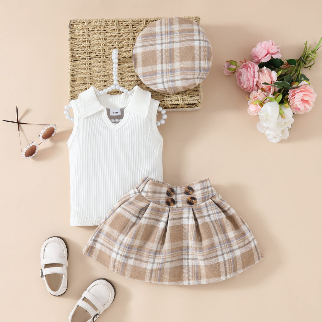 Girls' Fashion Beret Top Tartan Skirt 3pc Suit