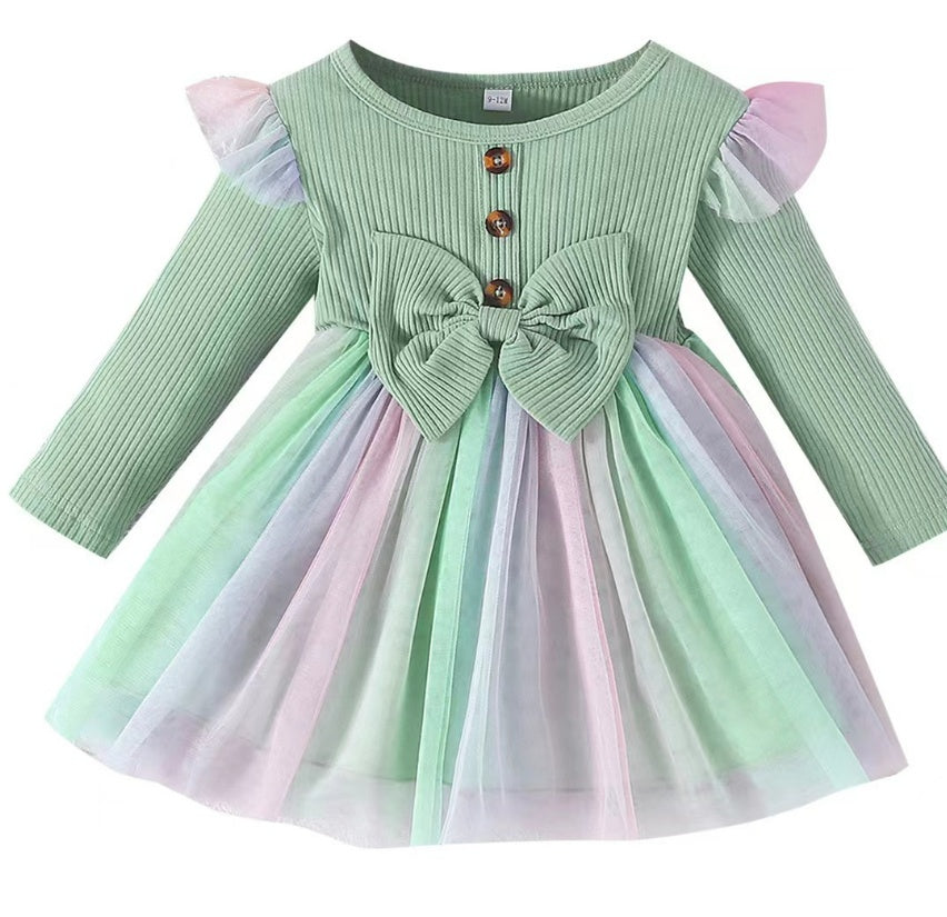 Bow Mesh A- Line Dress Two-color Children's Dress