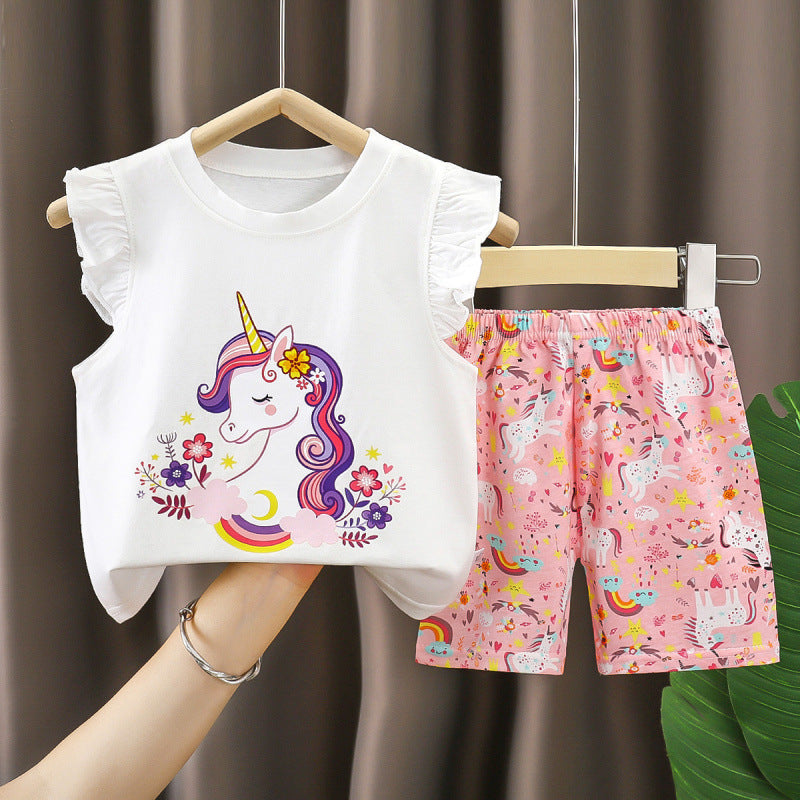 Girls' Summer Short-Sleeve Cotton Shorts Set